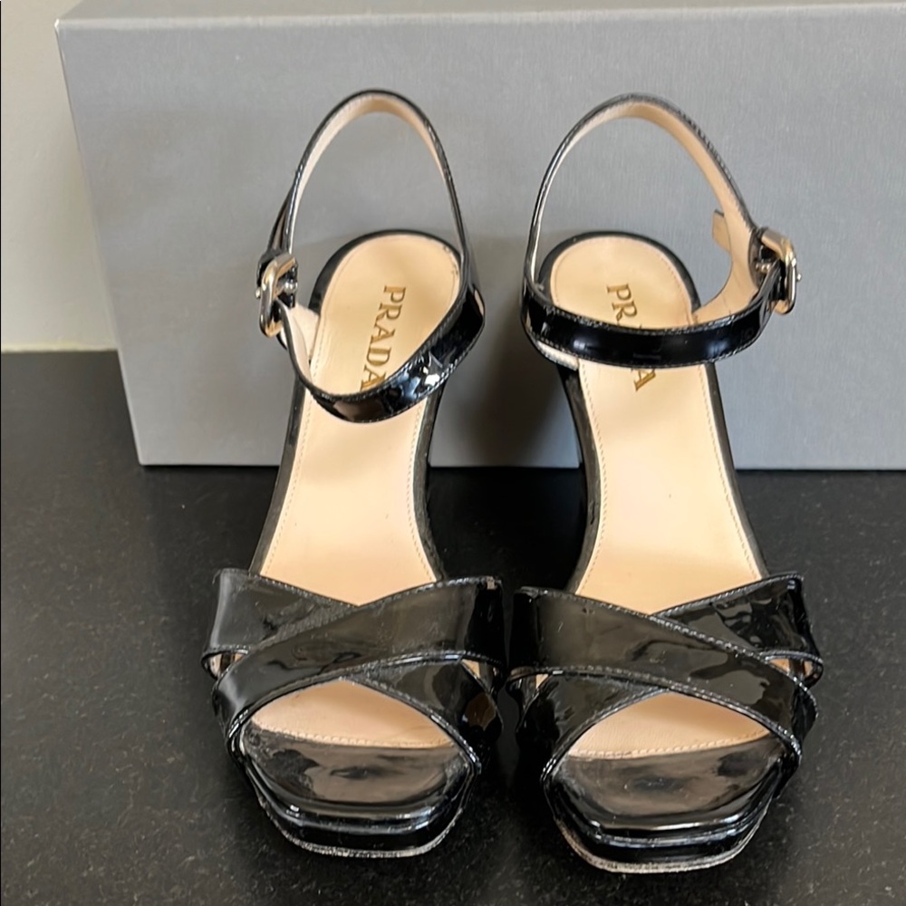 Prada Patent Leather Black Sandals with Platform Wedge heel  size 36.5 - Sale!